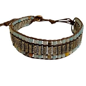 Natural Amazonite & Tibetan Metal Bead Wrap-Style Bracelet with Gold Heart